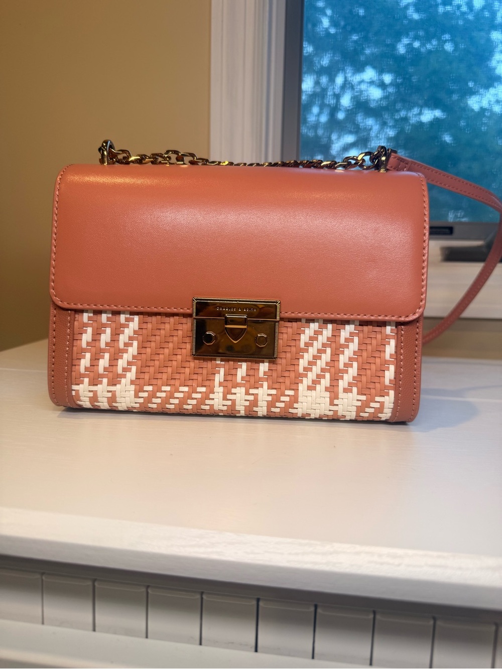 NWOT Charles & Keith Coral Woven Plaid Crossbody